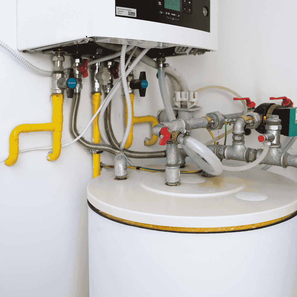 Gas boiler and hot water storage tank installation with pipework and valves