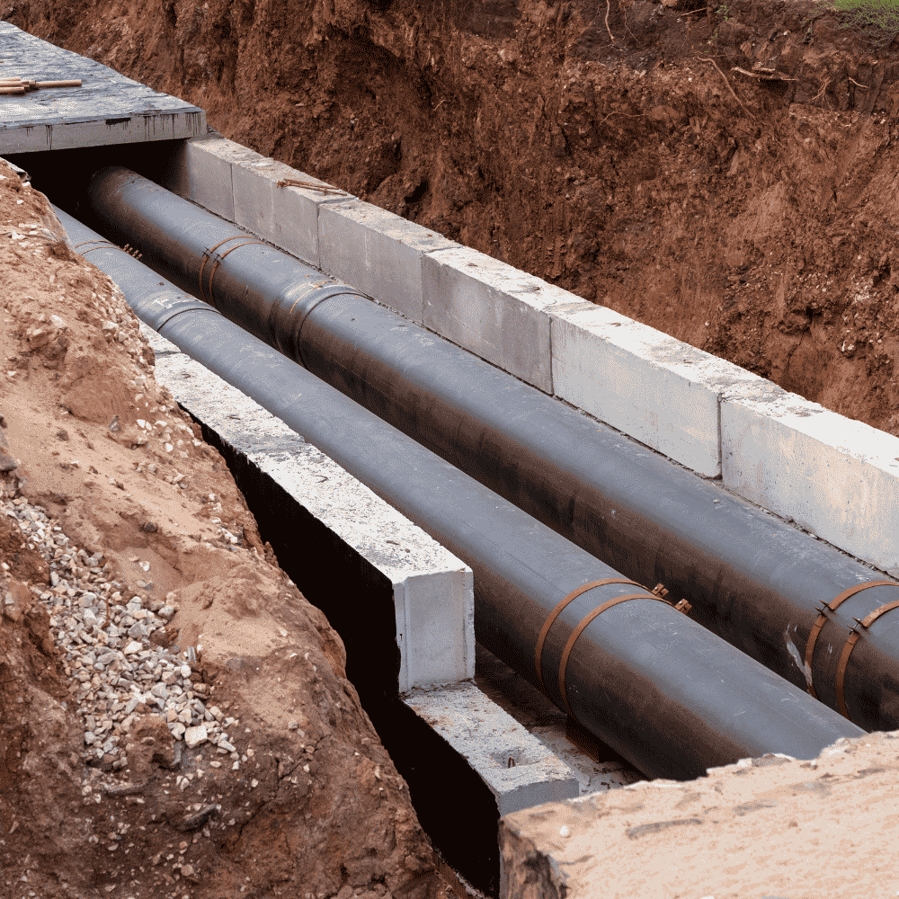 Large drainage pipes installed in excavated trench at residential site