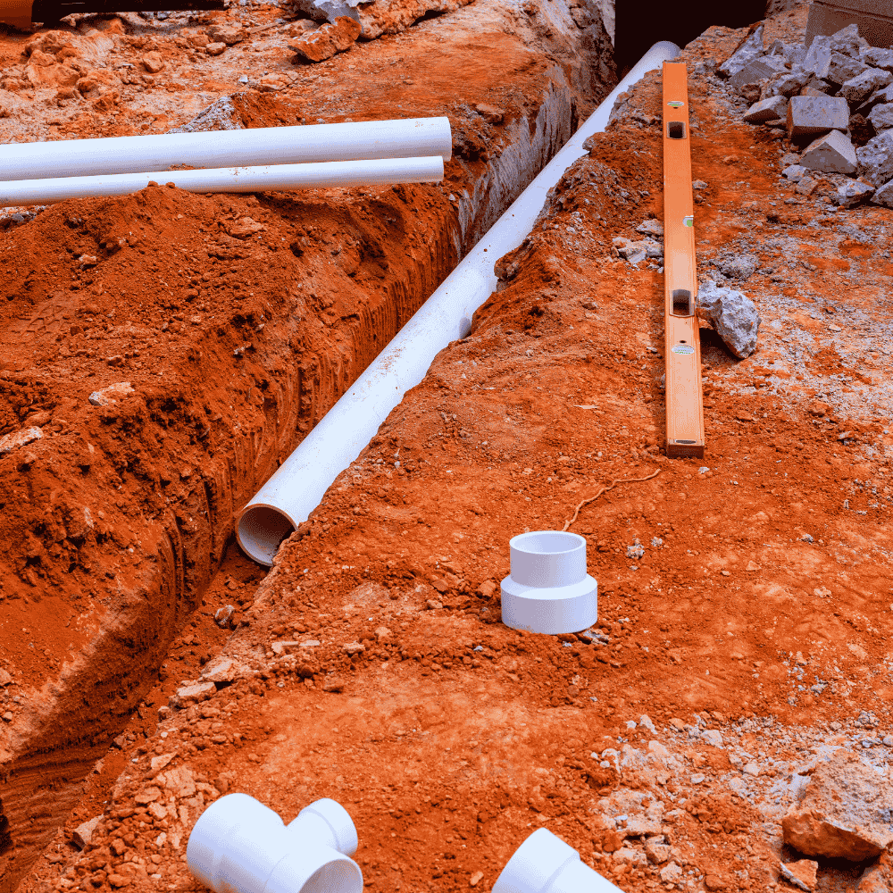 External PVC pipework laid in trench with spirit level check